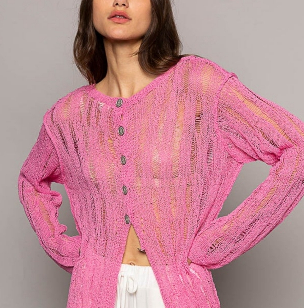 POL Reversible Round Neck Long Sleeve Button Sweater